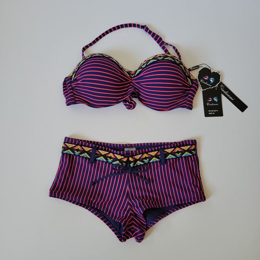 Boy Short Bandeau Halter Bikini 10 Two Piece Pink Navy Blue Striped Beach Cruise